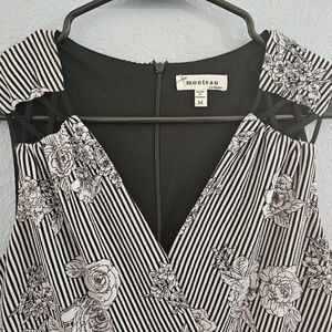 Monteau Black and White Striped Dress with Floral Accents